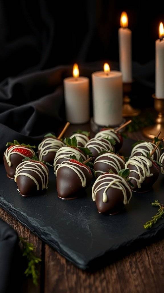 Chocolate covered strawberries on a dark slate platter with candles