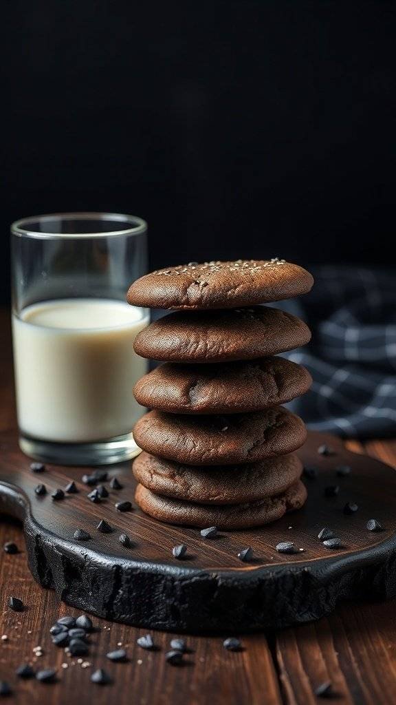A stack of black sesame cookies next to a glass of milk on a wooden board.