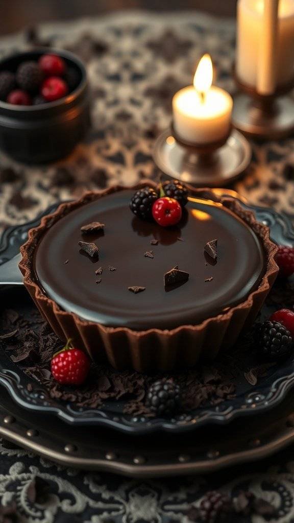 A dark chocolate tart garnished with fresh berries and surrounded by flickering candles.