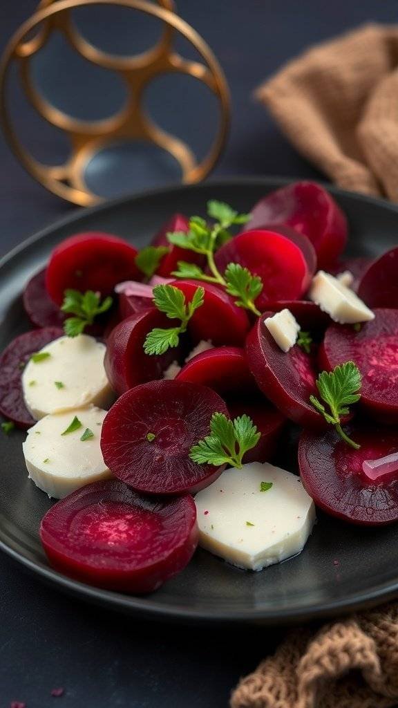 A vibrant beet and goat cheese salad with mixed greens and walnuts on a dark plate.
