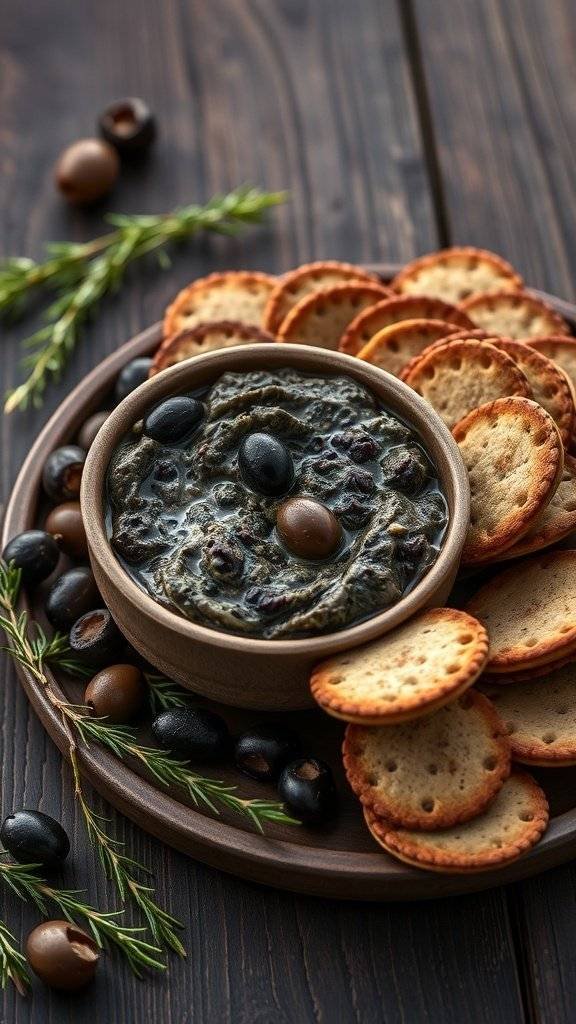 A bowl of black olive tapenade surrounded by crackers and olives on a wooden platter.