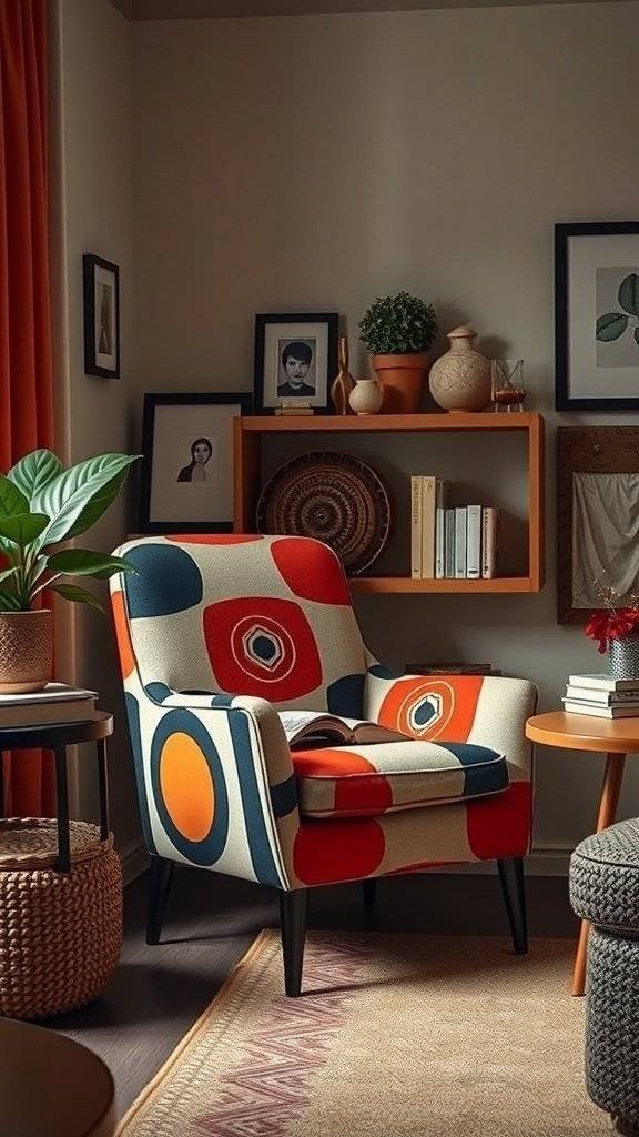 A colorful geometric patterned chair with a mix of red, blue, and white designs, placed in a stylish living room setting.
