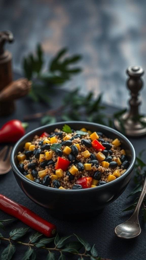 A bowl of black bean and quinoa salad with colorful ingredients.