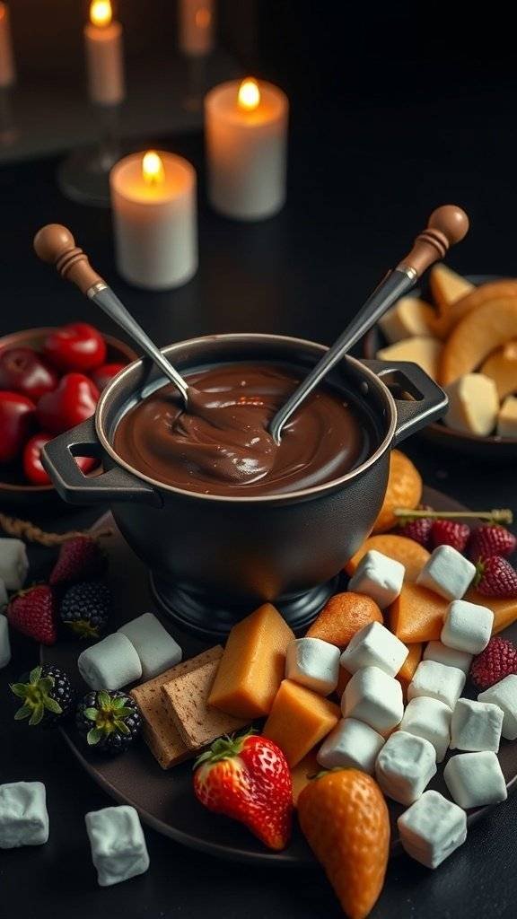 A pot of dark chocolate fondue surrounded by fresh fruits, marshmallows, and cookies, with flickering candles in the background.