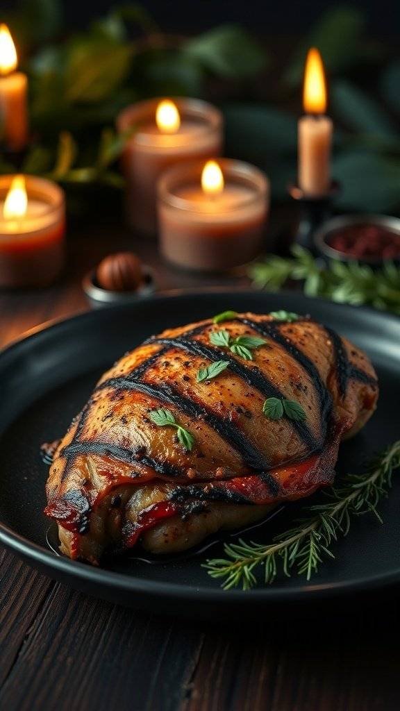 A beautifully grilled blackened chicken breast garnished with herbs, surrounded by flickering candles.
