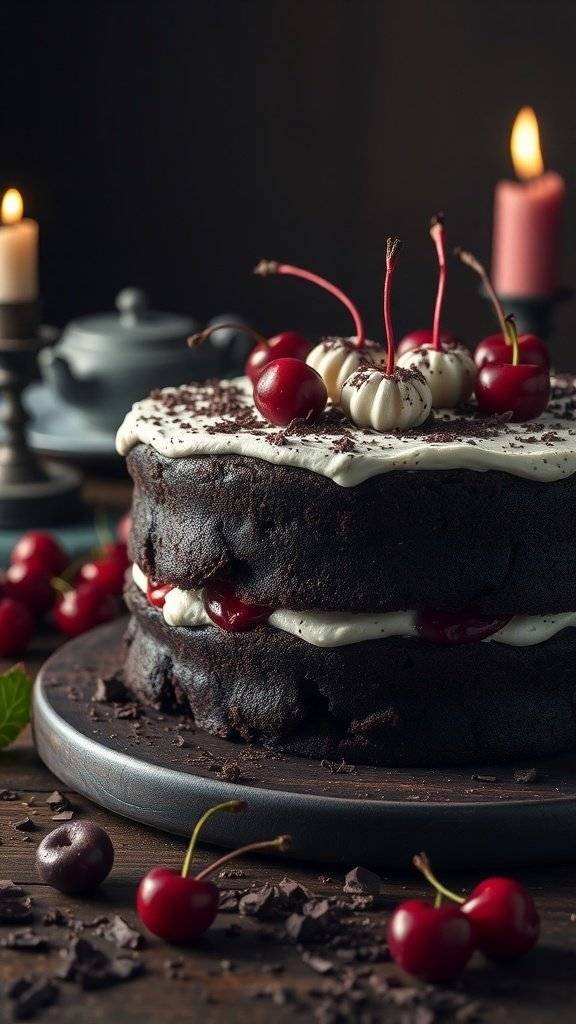 A beautifully layered Black Forest Cake with cherries and chocolate shavings, set against a dark, gothic backdrop.