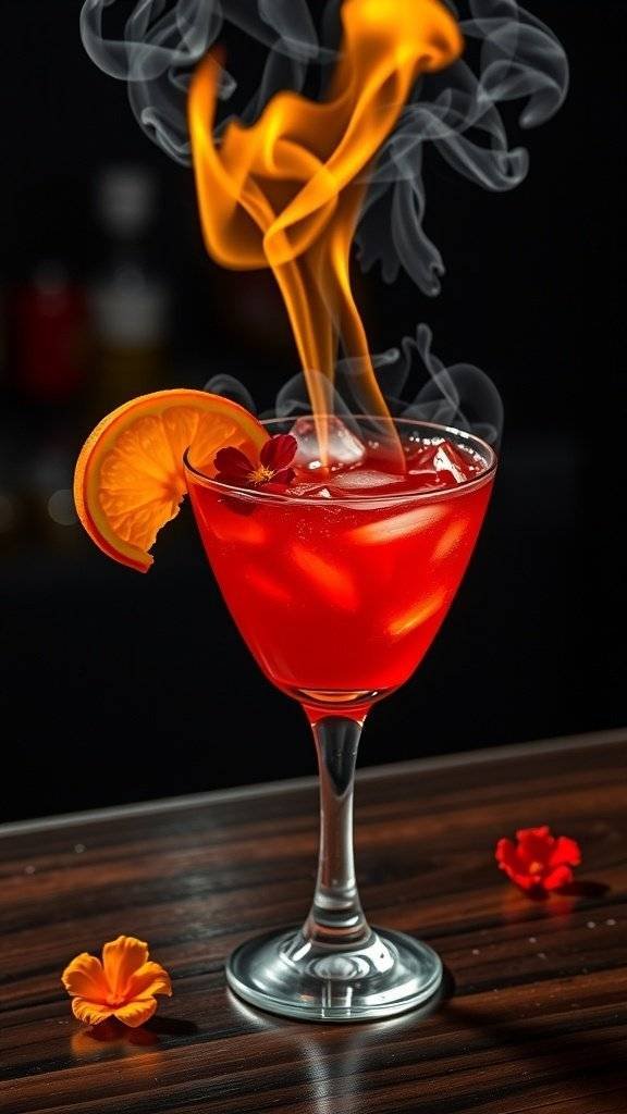 A fiery cocktail with flames and smoke, garnished with an orange slice.