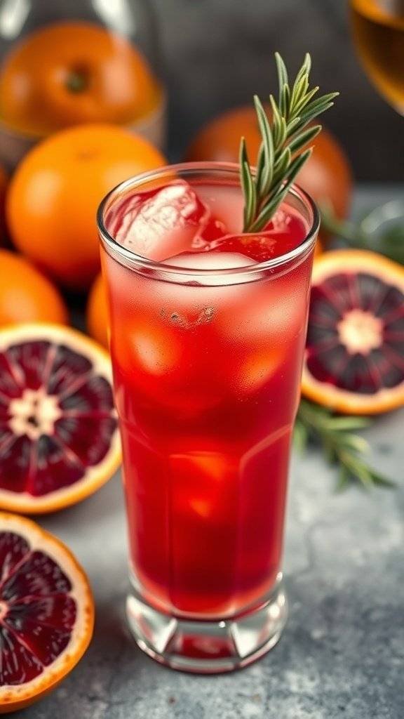 A vibrant Blood Orange Fizz cocktail garnished with rosemary, surrounded by fresh blood oranges.