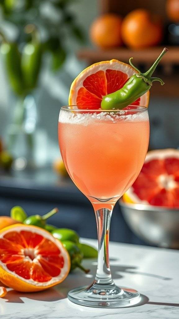 A Spicy Paloma cocktail garnished with grapefruit and jalapeño.