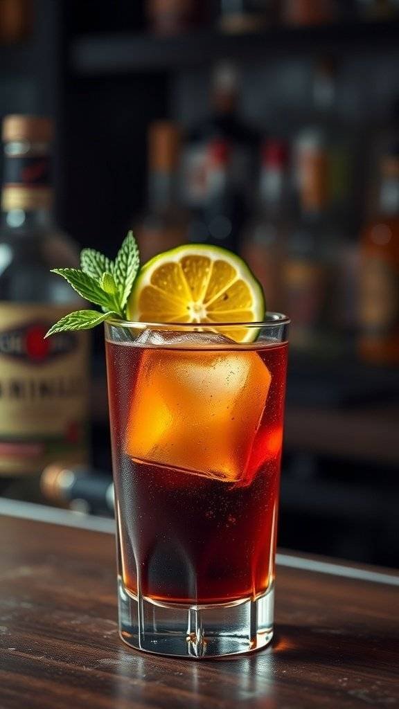 A smoky mezcal cocktail garnished with lemon and mint, served in a glass.
