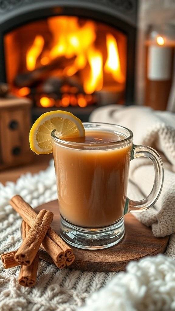 A Cinnamon Hot Toddy served in a glass mug, with a slice of lemon and cinnamon sticks, in front of a cozy fireplace.