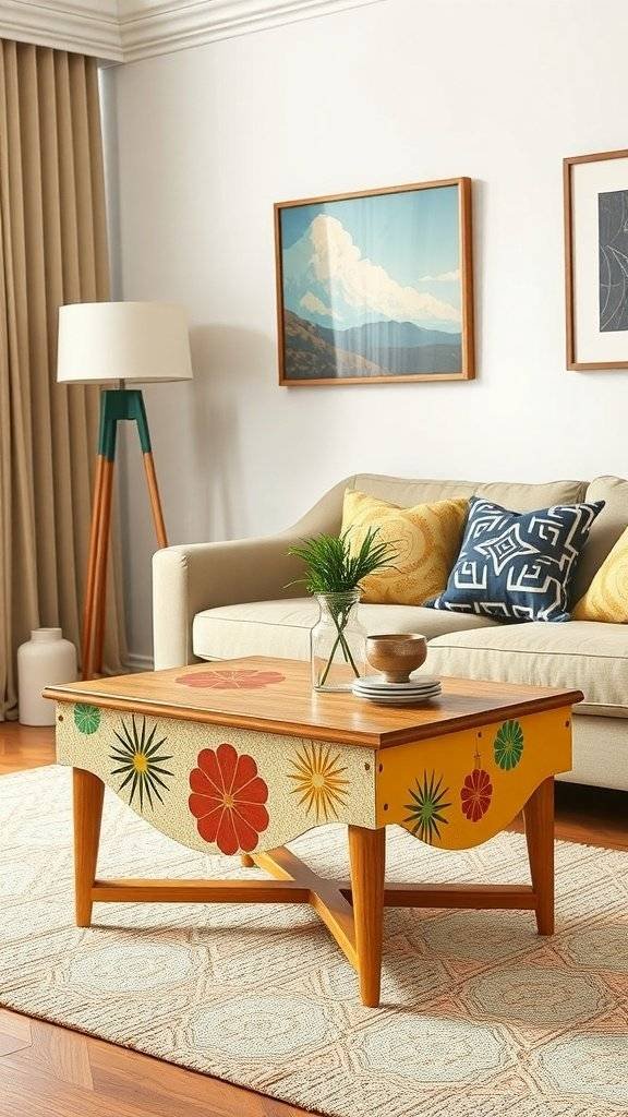 A hand-painted accent table with colorful floral designs, placed in a cozy living room setting.