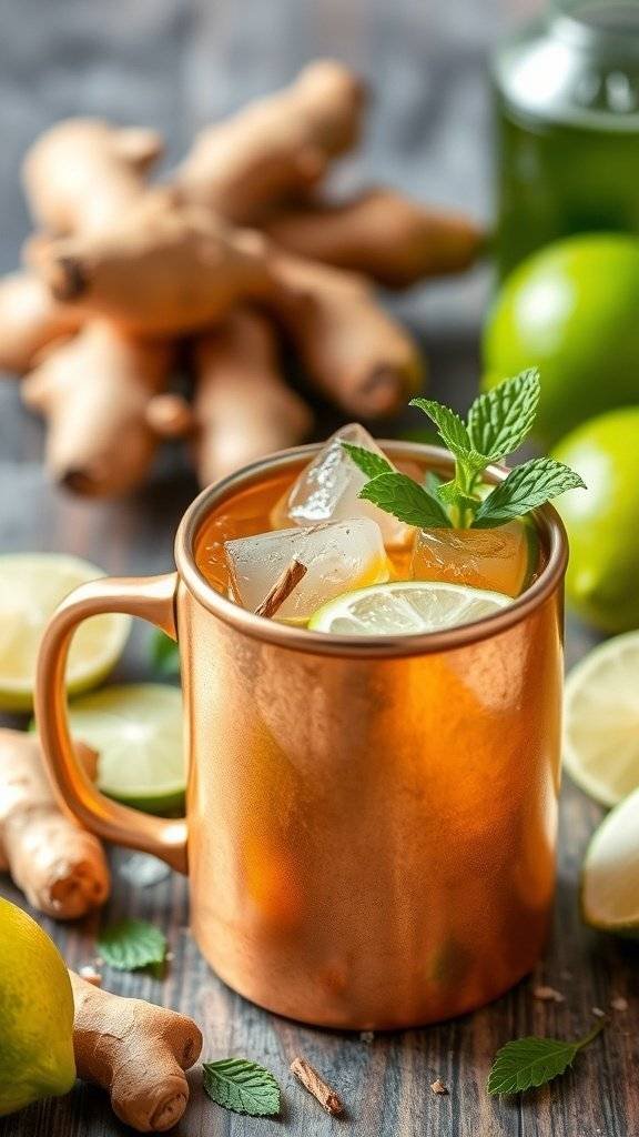 A copper mug filled with a ginger mule cocktail, garnished with lime and mint, surrounded by fresh ginger and lime slices.