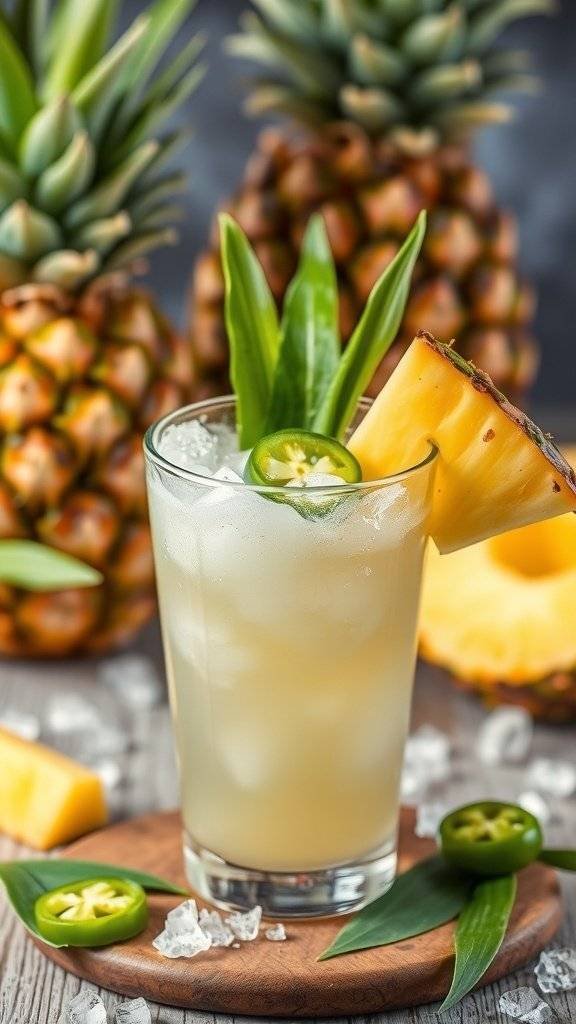 A refreshing Pineapple Jalapeño Smash cocktail with garnishes, surrounded by fresh pineapples.