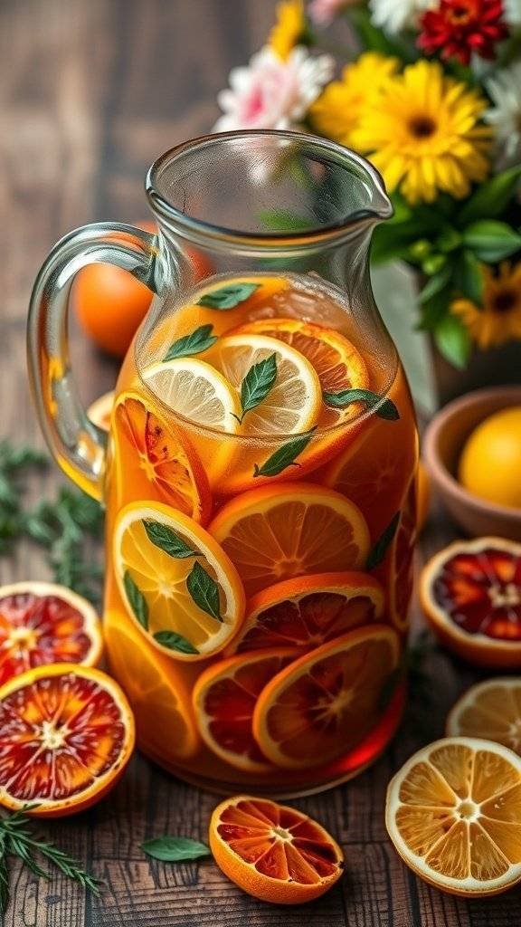 A pitcher of Charred Citrus Sangria with slices of blood oranges and lemons, garnished with mint leaves.