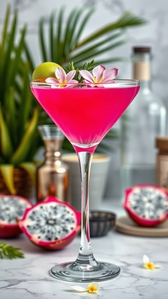 A vibrant pink Dragon's Breath Martini garnished with flowers and a lime wheel, surrounded by dragon fruit.