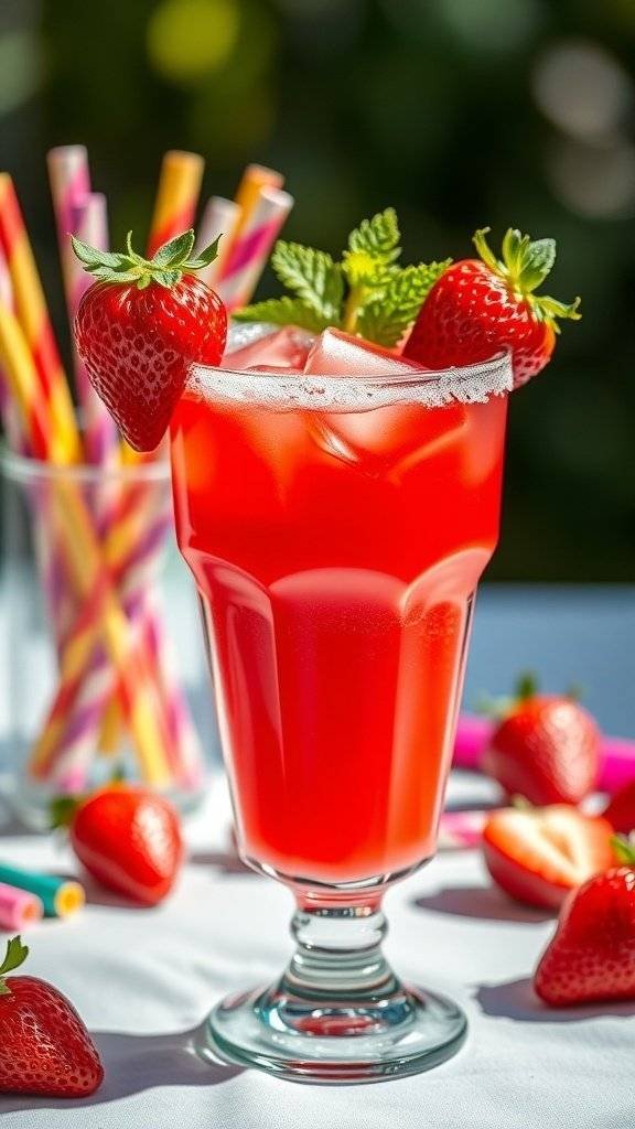 A vibrant Spicy Strawberry Daiquiri garnished with strawberries and mint, surrounded by fresh strawberries and colorful straws.