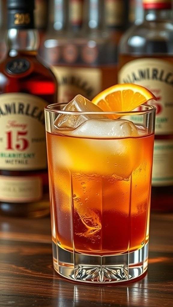 A Smoked Old Fashioned cocktail with a large ice cube and orange peel garnish.