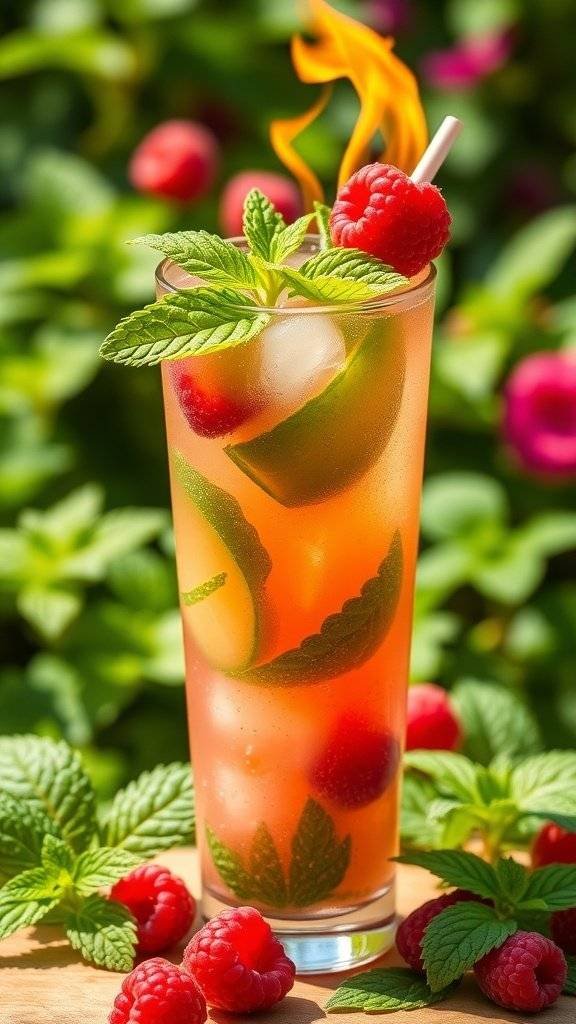 A Flaming Raspberry Mojito cocktail garnished with mint and raspberries, featuring a flame on top.