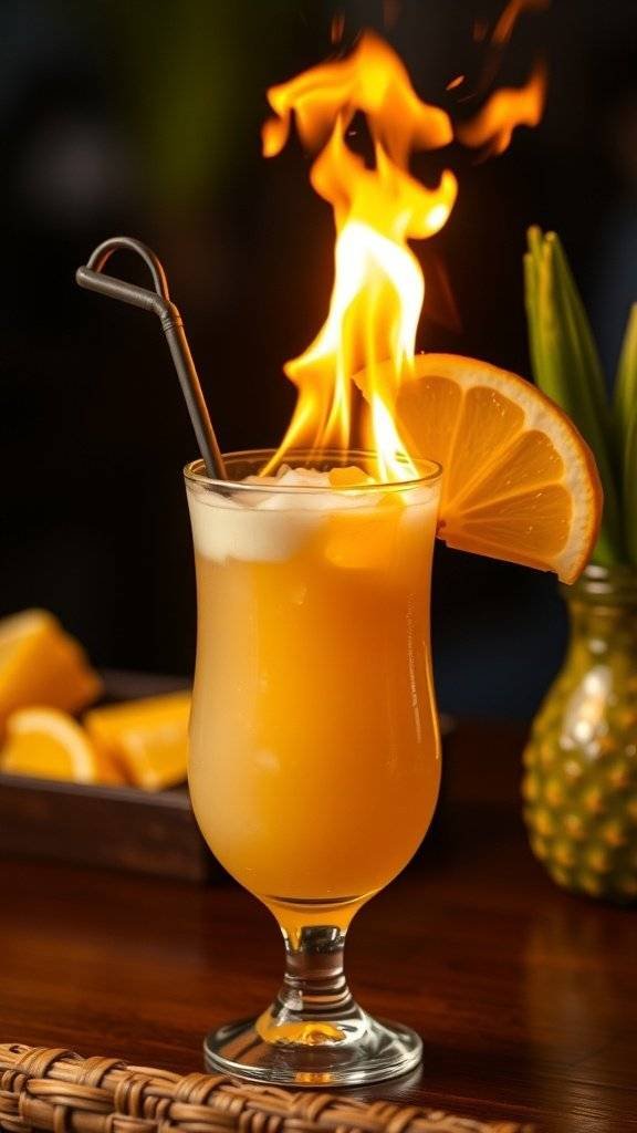 A vibrant Pina Colada served in a coconut shell, garnished with pineapple and a cherry, set against a tropical beach backdrop.