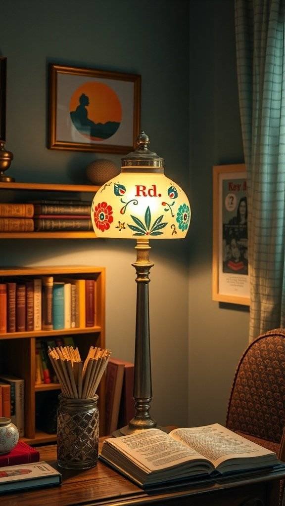 A retro-inspired lamp with a hand-painted shade featuring floral designs, placed on a desk with books and stationery.