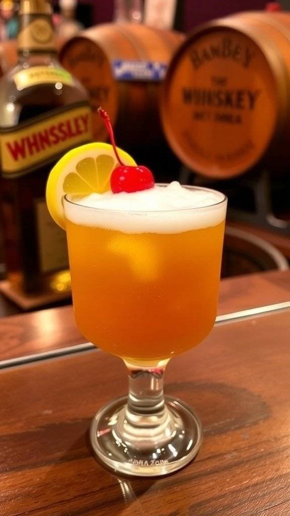 A vibrant bourbon sour cocktail garnished with a lemon slice and cherry, set against a backdrop of bourbon barrels.