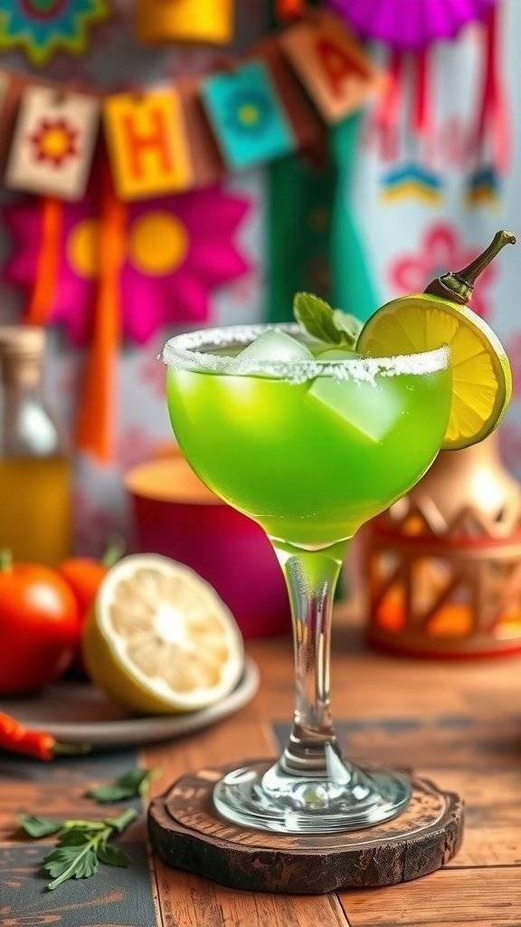 A vibrant green Ancho Chile Margarita garnished with a lime wedge and fresh herbs, set against a colorful background.