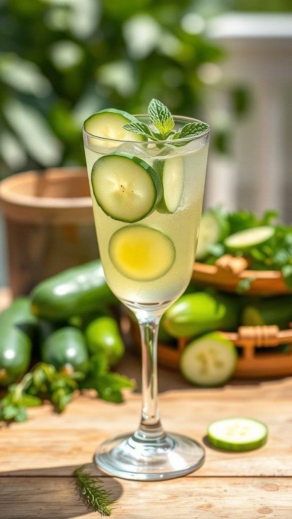 A refreshing Spicy Cucumber Collins cocktail garnished with cucumber slices and mint, surrounded by fresh cucumbers.