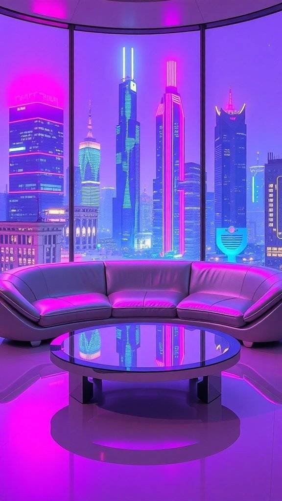 A futuristic lounge with a curved sofa and a glass table, overlooking a neon-lit city skyline.