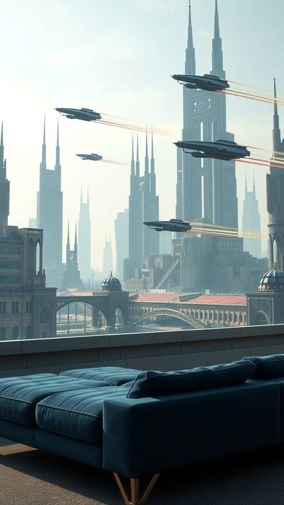A futuristic sofa in front of a stunning skyline with tall buildings and flying vehicles.