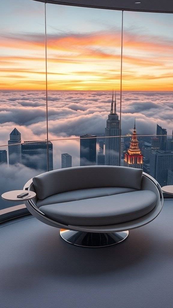 Futuristic sofa with chrome base and gray upholstery, overlooking a city skyline at sunset with clouds below.