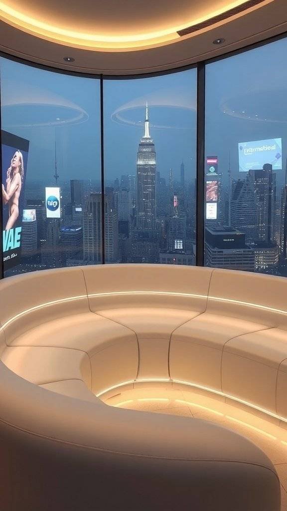 A futuristic curved sofa in a modern setting with a city skyline view.