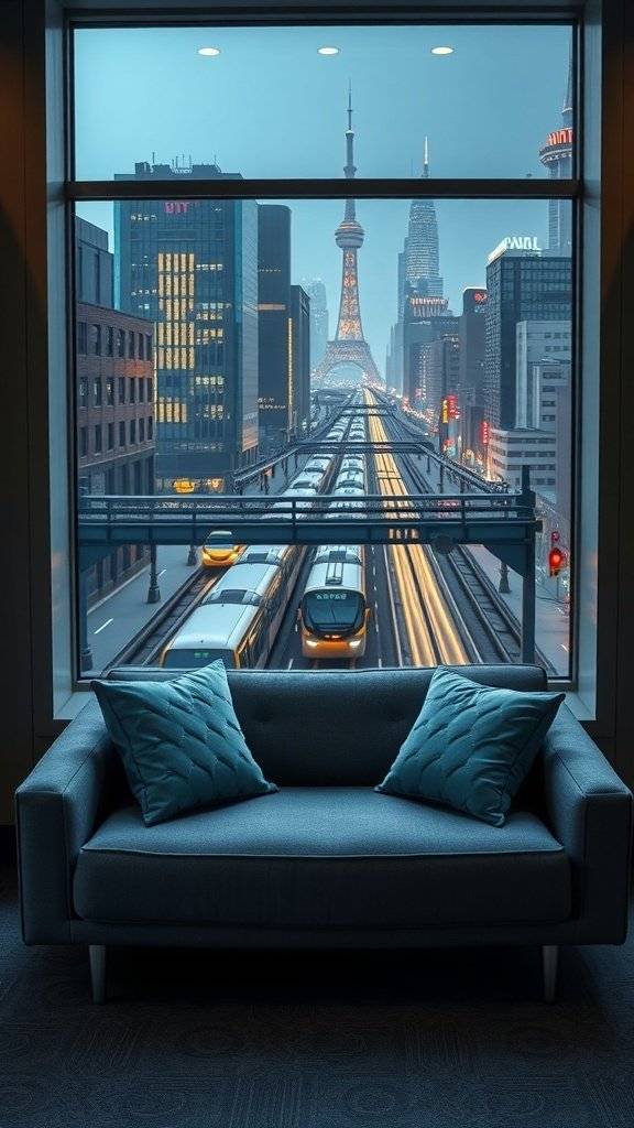 A modern sofa with blue cushions in front of a city skyline featuring a monorail.