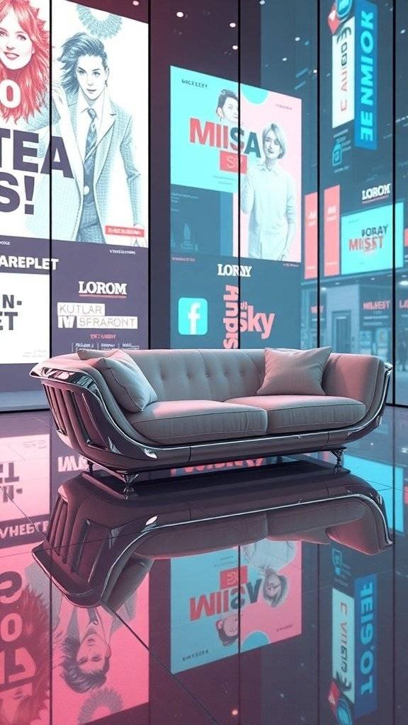 A modern sofa with a sleek design, reflecting colorful advertisements in a futuristic setting.