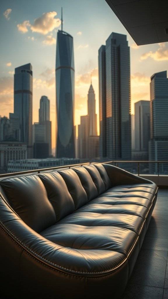 A sleek leather sofa with a city skyline in the background during sunset.