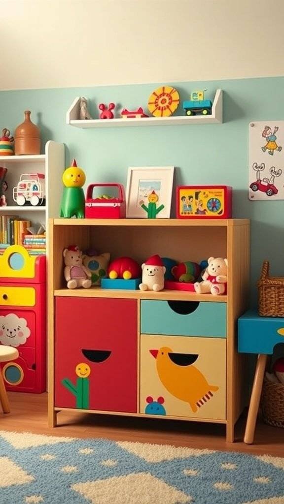 Colorful hand painted storage unit in a playful playroom setting