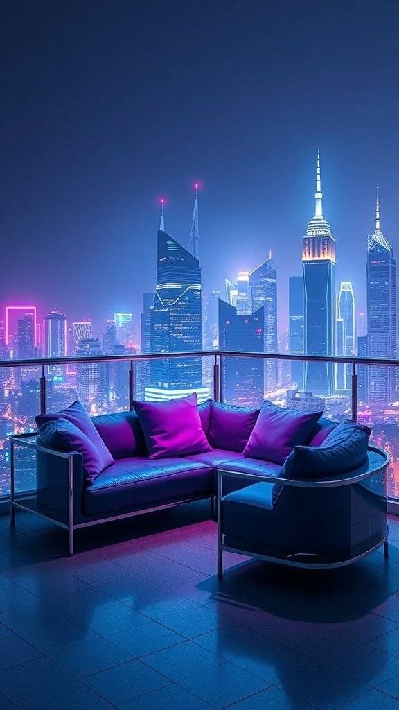 Futuristic sofa with neon accents overlooking a vibrant city skyline