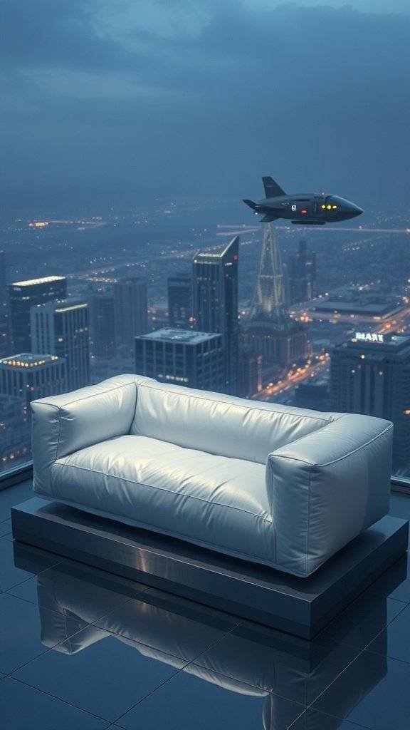 A futuristic white leather couch on a sleek platform with a city skyline view and a flying vehicle in the background.