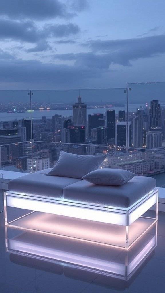 A futuristic sofa in a modern lounge with a city skyline view and planes flying in the sky.