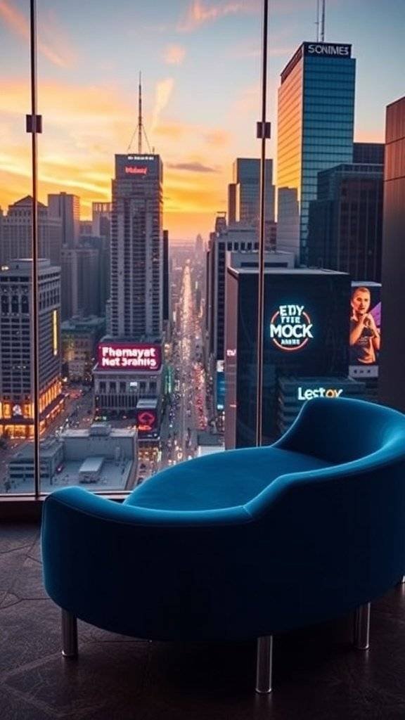A futuristic blue sofa with a curved design, positioned near a large window overlooking a city skyline at sunset.