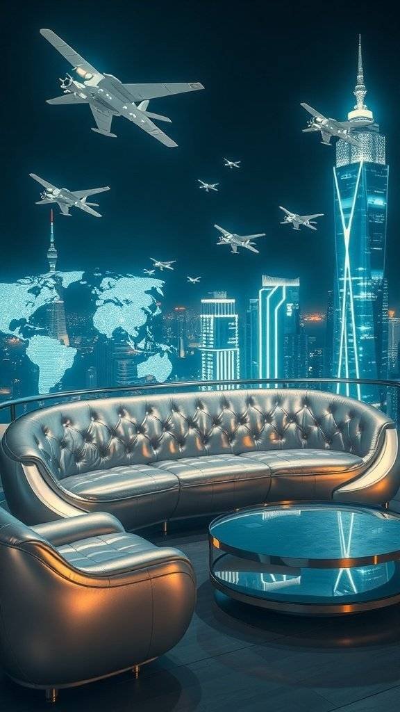 Futuristic metallic sofa in a high-tech city skyline setting