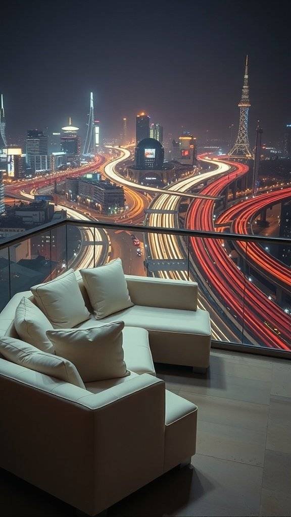 A modern sectional sofa in a stylish room overlooking a vibrant city skyline at night.