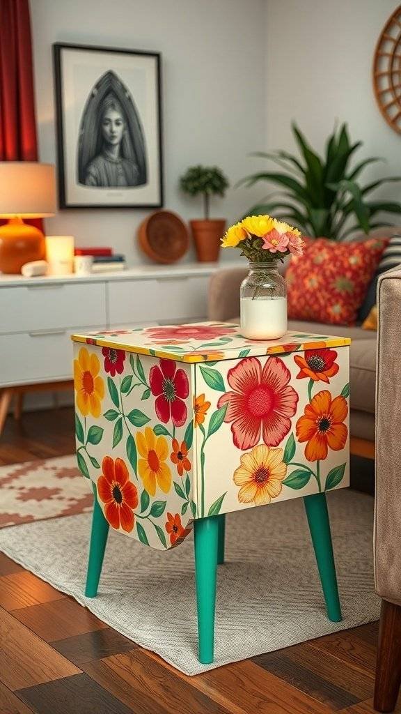 A hand painted floral side table with vibrant colors and teal legs, set in a cozy living room.