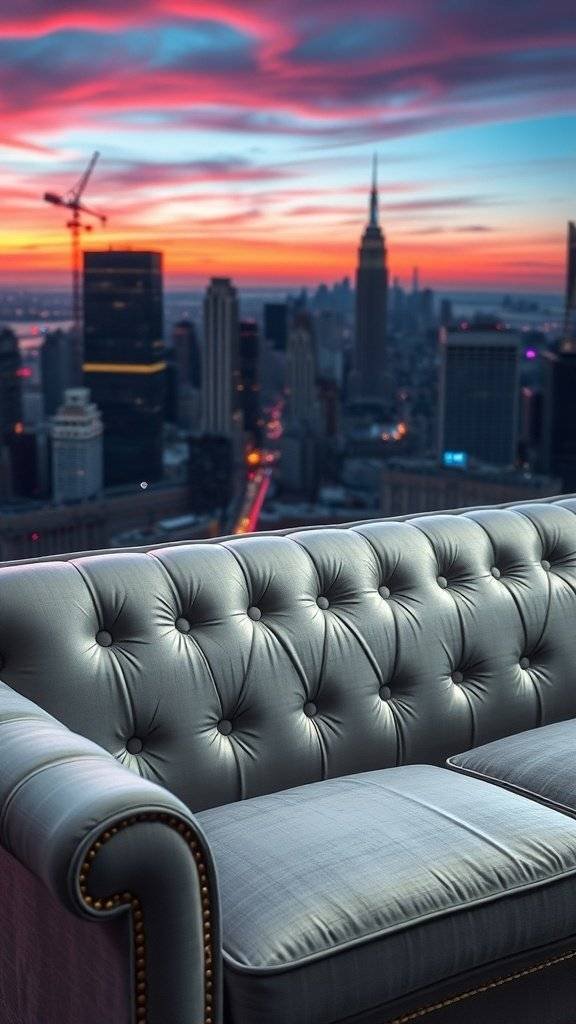 A futuristic sofa with a tufted design overlooking a city skyline at sunset.