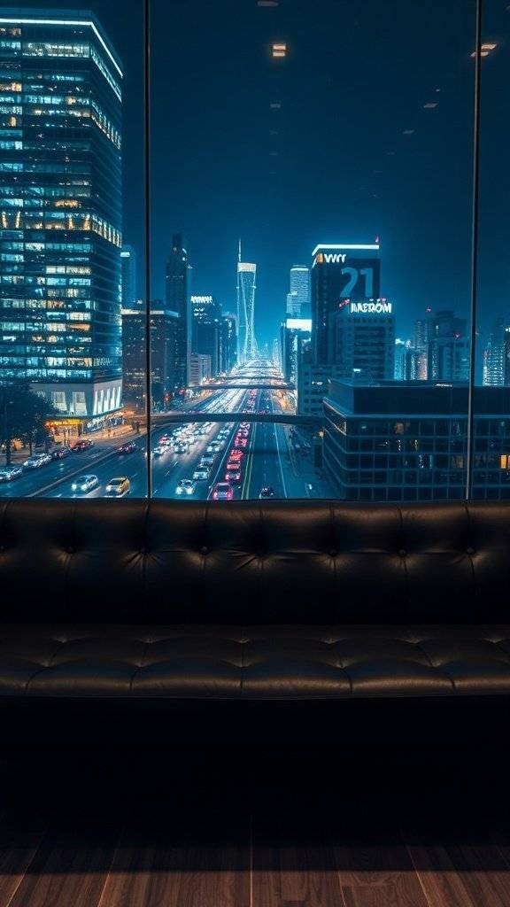 A sleek black leather sofa in front of a large window showcasing a vibrant city skyline at night.