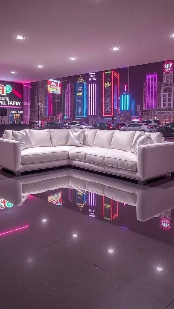 Futuristic sectional sofa in a vibrant city setting with neon lights