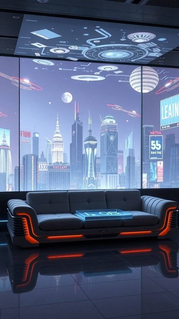 A futuristic sofa with glowing accents and an integrated table, set against a holographic city skyline.
