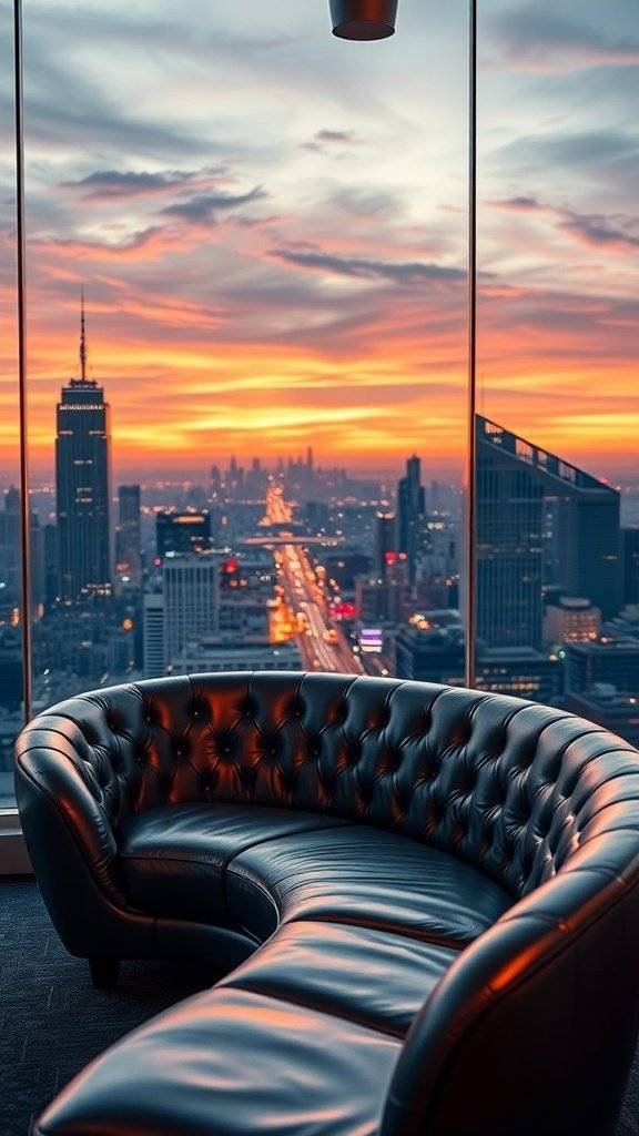 A stylish curved leather couch with chrome accents, overlooking a city skyline at sunset.