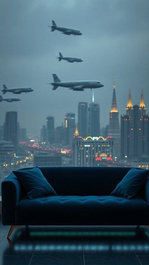 A luxurious blue velvet sofa in a futuristic setting with a city skyline and flying vehicles in the background.