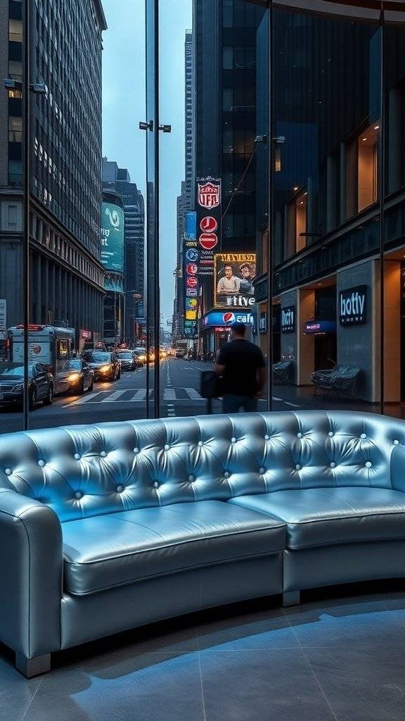 A futuristic sofa with a shiny leather-like finish, set against a city skyline view with neon lights.